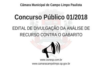 Concurso Público 01/2018 - Edital de divulgação da análise de recurso contra o gabarito.